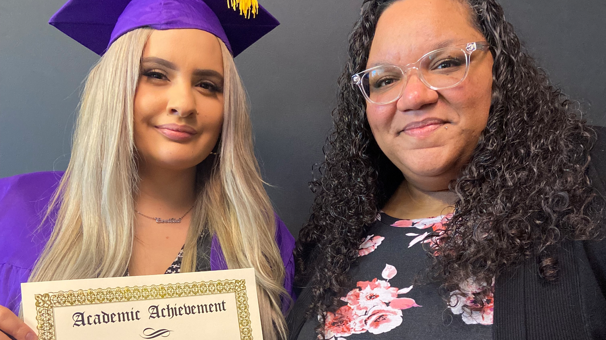 Adilene Zamora Ortiz, shown with instructor Courtney Saint-Smith, received a High School Equivalency Award from the Literacy Network of Stanislaus County on March 4, 2022.