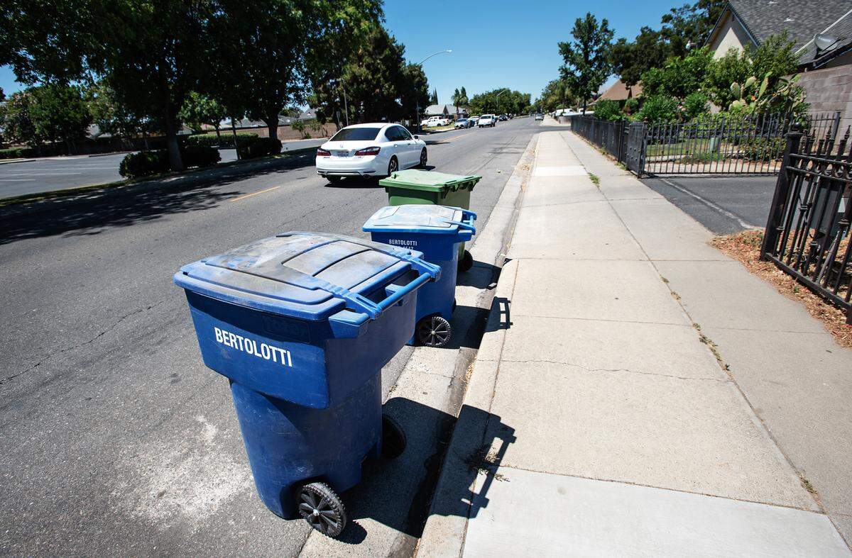 Recycle and garbage bins in Ceres, Calif., on Tuesday, June 22, 2021.