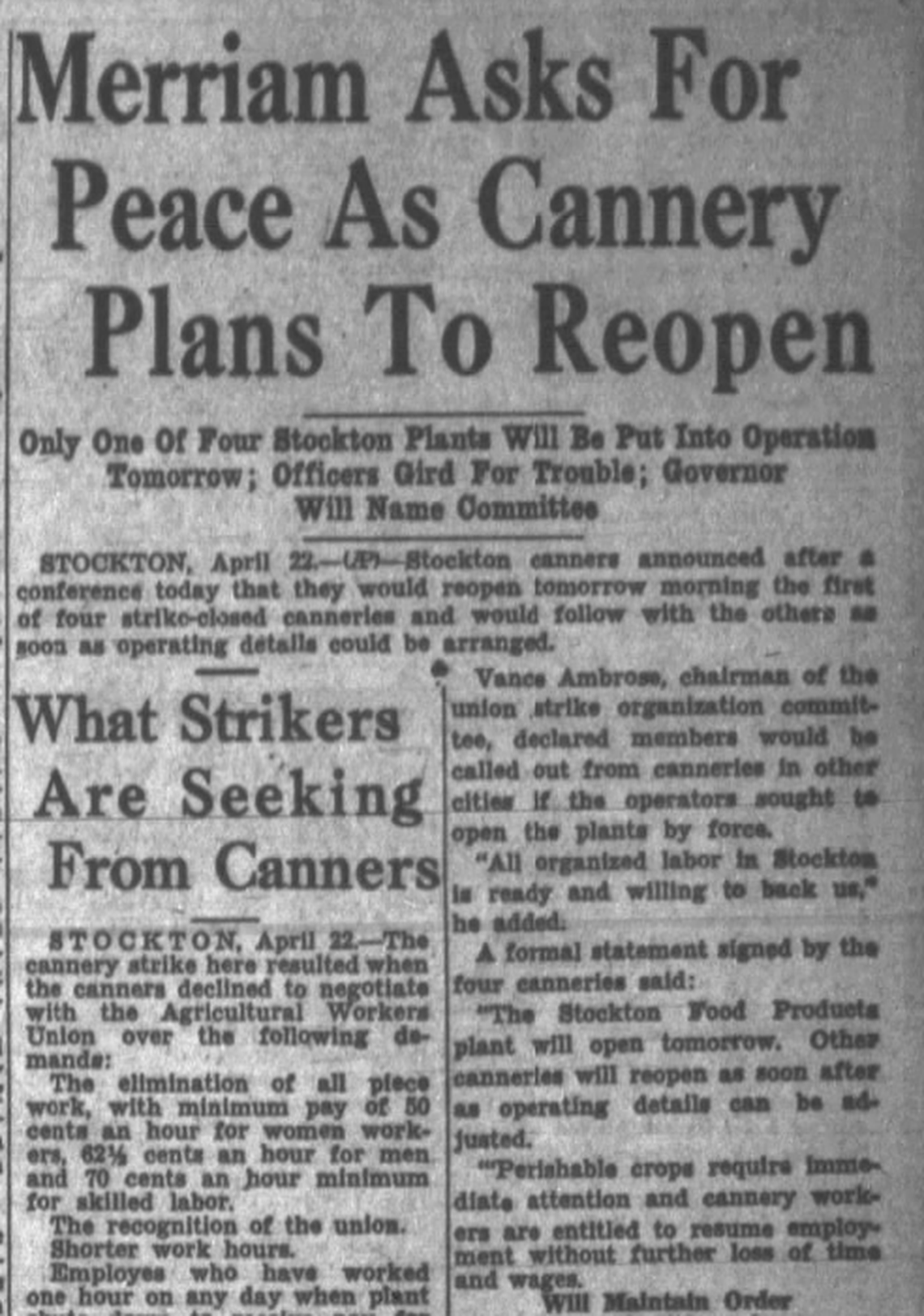 This is a clip from the Modesto Bee from 1937 which details contract negotiations with a local cannery union. 