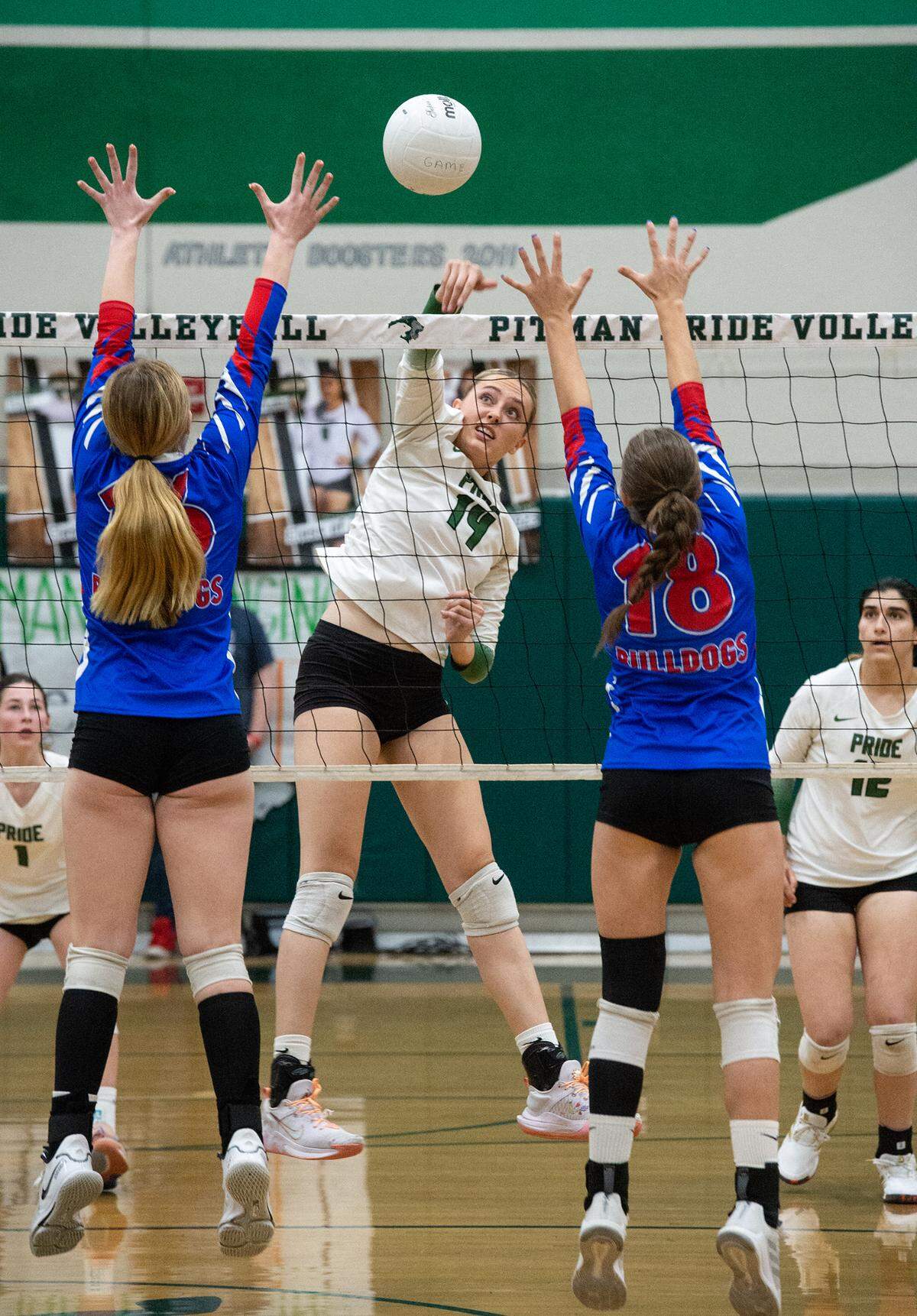Pitman’s Lauren Hamilton spikes a ball for a winner during the CIF Sac-Joaquin Girls Volleyball Division I playoff match with Folsom at Pitman High School in Turlock, Calif., Thursday, Oct. 27, 2022. Pitman won the match 3-1.