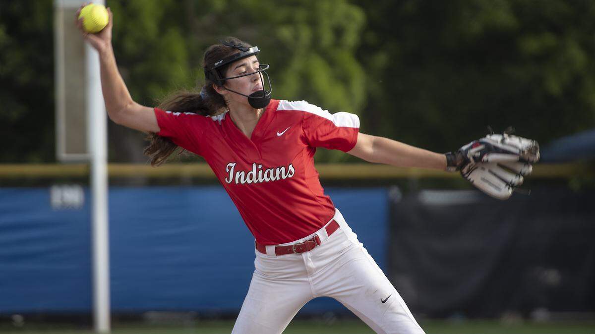 Ripon’s Sydney Thomason delivers a pitch during the CIF Sac-Joaquin Section Division IV Championship game with Calaveras at the Arnaiz Softball Complex in Stockton, Calif., Friday, May 24, 2019.