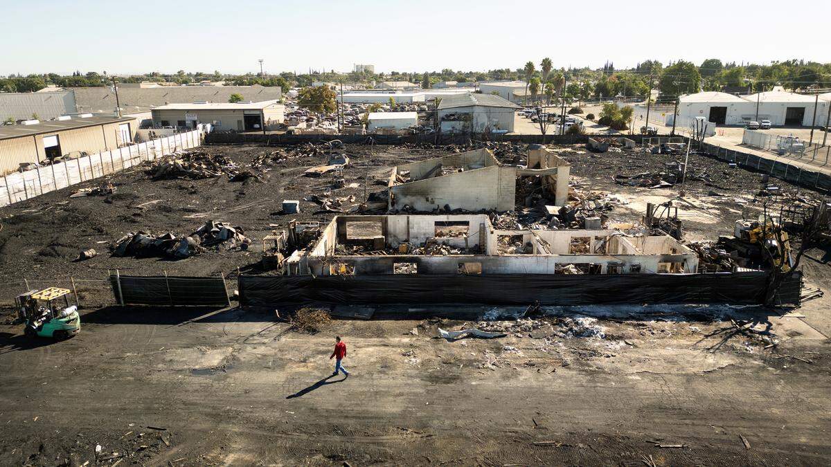 A fire consumed 200,000 pallets on the 600 block of Janopaul Avenue in Modesto Calif., Friday, Aug. 9, 2024. Photographed Wednesday, Aug. 14, 2024.