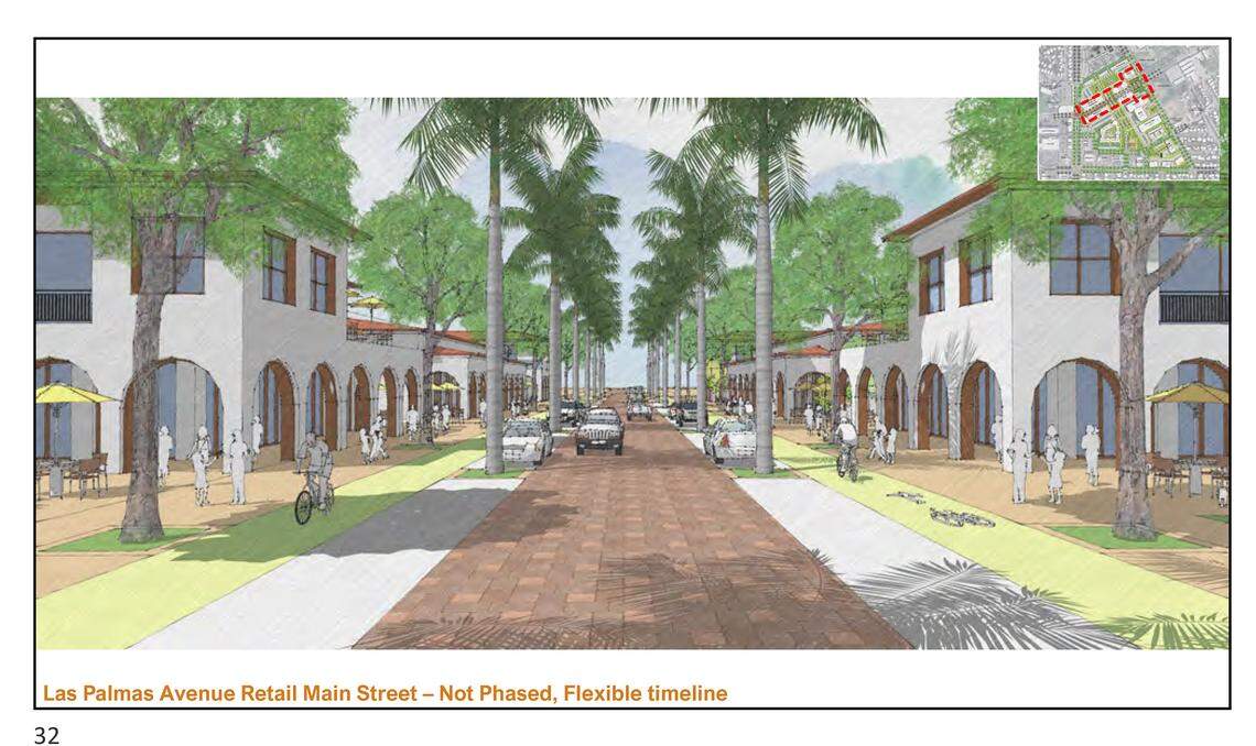 Las Palmas Avenue is lined with shops in this rendering from a plan by the Del Puerto Health Care District in Patterson, Calif. The site also would have a hospital, medical offices, senior care and other uses. The district board voted Dec. 8, 2025, to submit the plans for city approval. Las Palmas already is the central artery for the historic downtown just to the east.