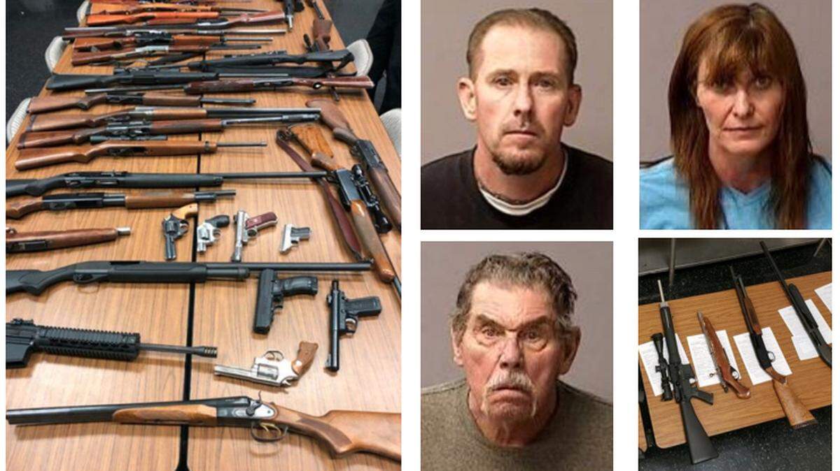 Oakdale Police seized 37 firearms during a search of a home behind Oak Valley Hospital on Wednesday. Pictured are Russel Middleton, 46, top left, Melanie Howard, 48, top right, and Dale Middleton, 72.