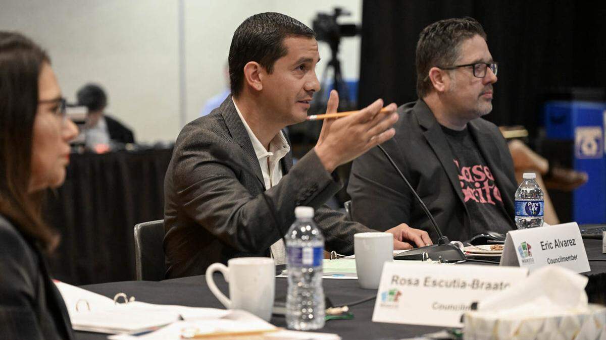 Modesto City Councilmember Eric Alvarez asks a question  at a city workshop in June. 