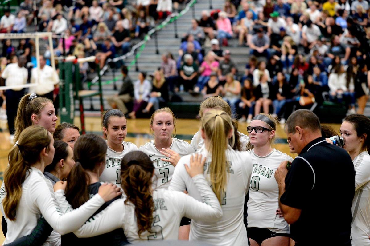 The Pitman squad gets poised before the game, during the senior night, crosstown volleyball matchup of Turlock High at Pitman High, on Monday, Oct., 15 in Turlock, California.
