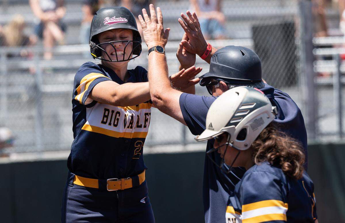 Big Valley Christian’s Cecily Fontana hit the single that scored the winning run in the Sac-Joaquin Section Softball Division VII championship game with Stone Ridge Christian at Delta College in Stockton, Calif., on Saturday, May 21, 2022. Big Valley Christian won the game 5-3.