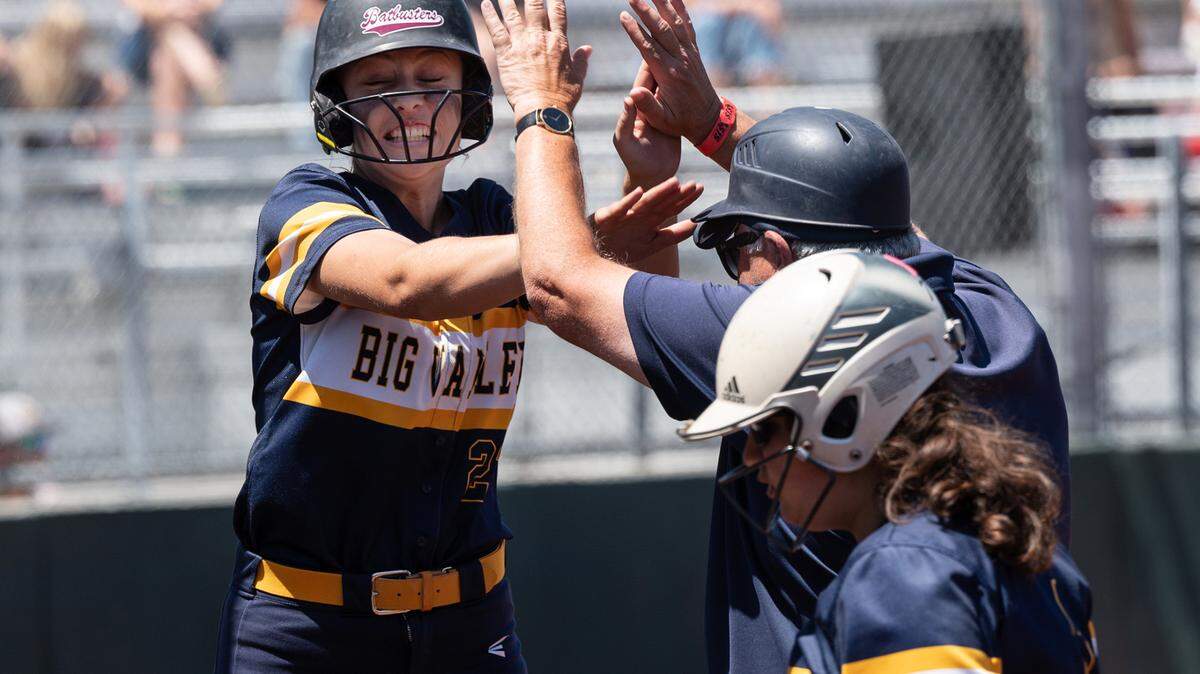 Big Valley Christian’s Cecily Fontana hit the single that scored the winning run in the Sac-Joaquin Section Softball Division VII championship game with Stone Ridge Christian at Delta College in Stockton, Calif., on Saturday, May 21, 2022. Big Valley Christian won the game 5-3.