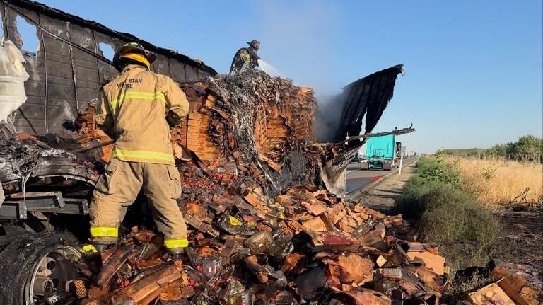 Big rig hauling 22,000 pounds of strawberries catches fire on I-5 near Westley