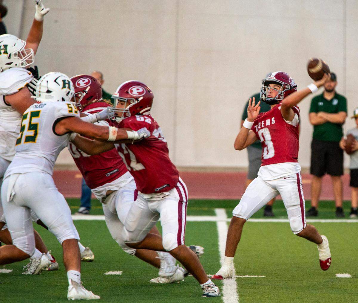 Patterson’s Max Medina, 3, throws a pass up during the game with Hilmar.