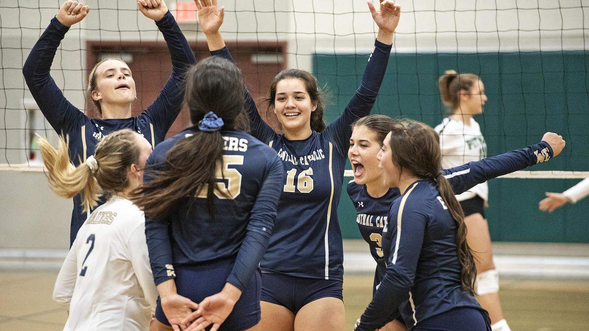 Central Catholic players celebrate a point during the non-conference match with Pitman at Pitman High School in Turlock, Calif., Thursday, Sept. 12, 2019.