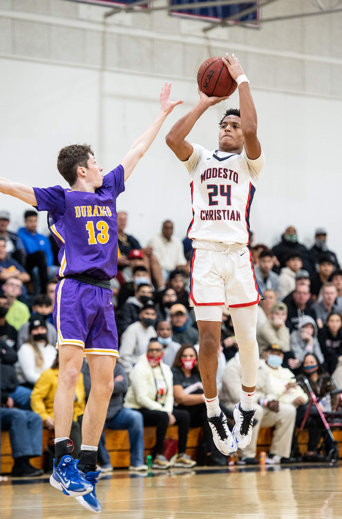 Jamari Phillips led Modesto Christian in scoring with 21 points in the Holiday Hoops Classic championship game with Durango NV in Salida, Calif., on Thursday, Dec. 30, 2021.