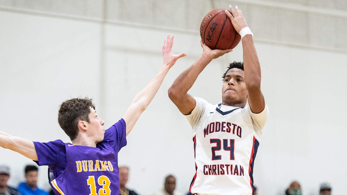 Jamari Phillips led Modesto Christian in scoring with 21 points in the Holiday Hoops Classic championship game with Durango NV in Salida, Calif., on Thursday, Dec. 30, 2021.