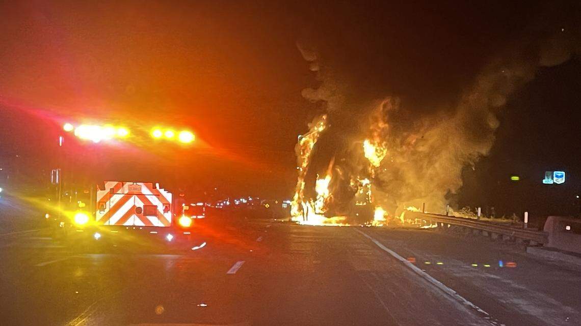 Trailer catches fire on Hwy 99 in Ceres after coming loose, being dragged by truck
