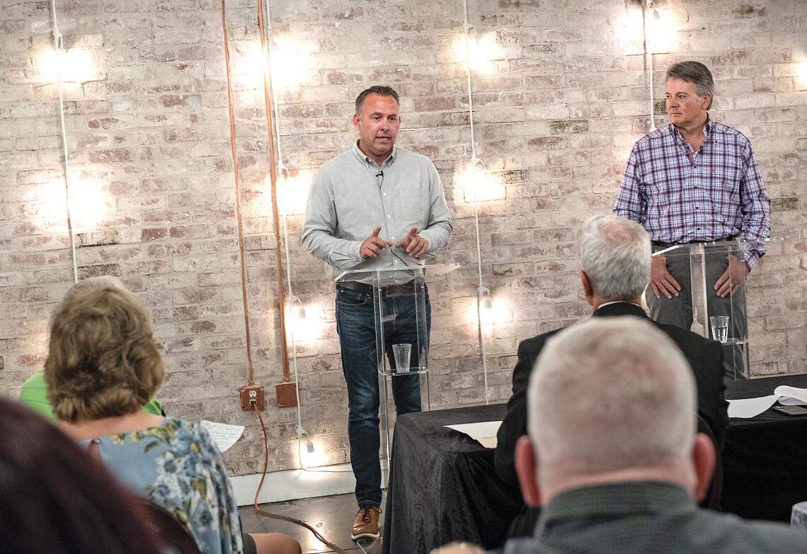 13th Congressional District candidates Adam Gray, left, and John Duarte answer questions from moderators in a Modesto Bee sponsored debate in Modesto, Calif., Monday, Sept. 26, 2022.