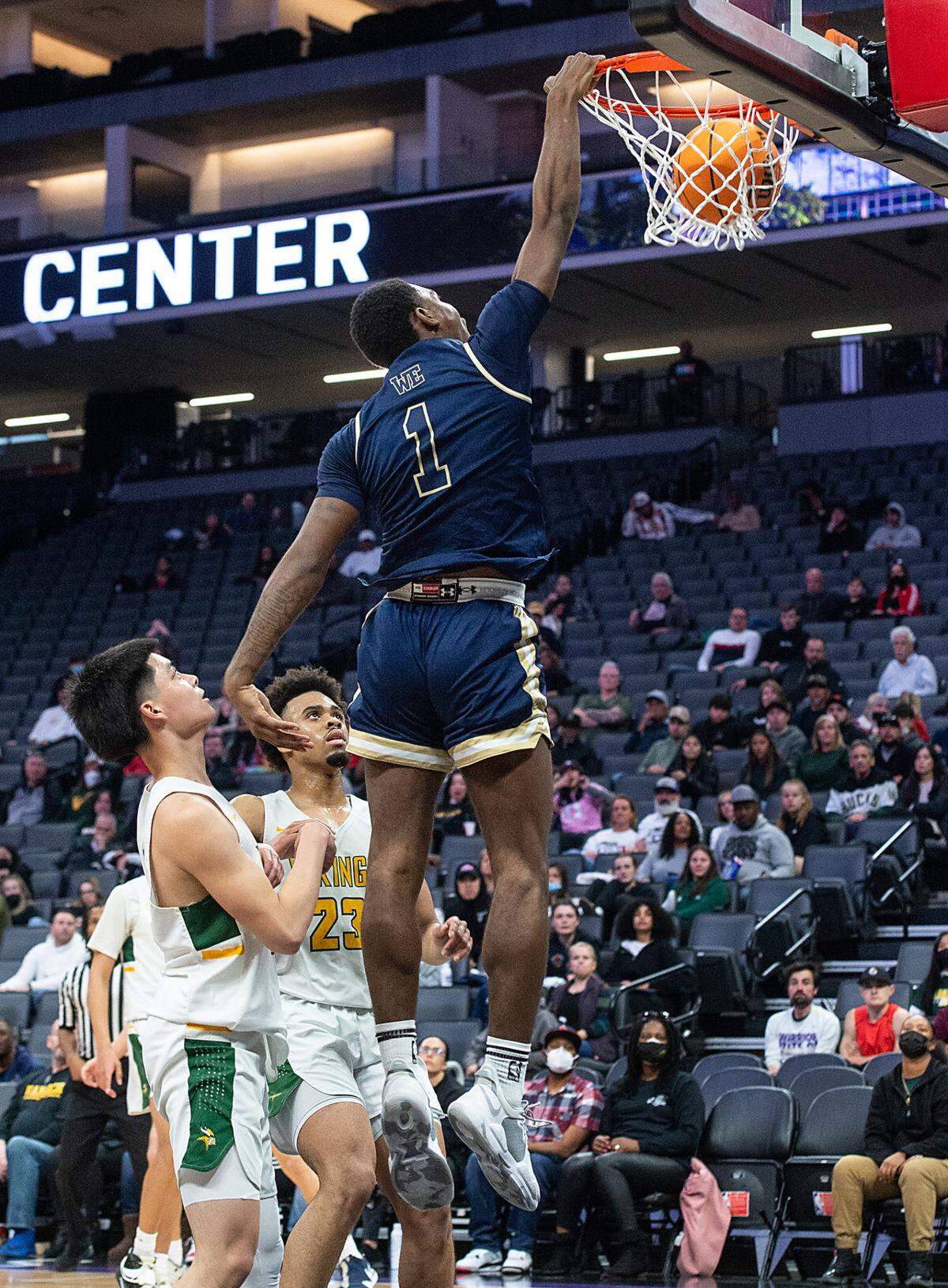 Central Catholic’s Malachi Miller dunks the ball in the boys Sac-Joaquin Section Division 3 final with Vanden at the Golden 1 Center in Sacramento, Calif., on Saturday, Feb. 26, 2022.