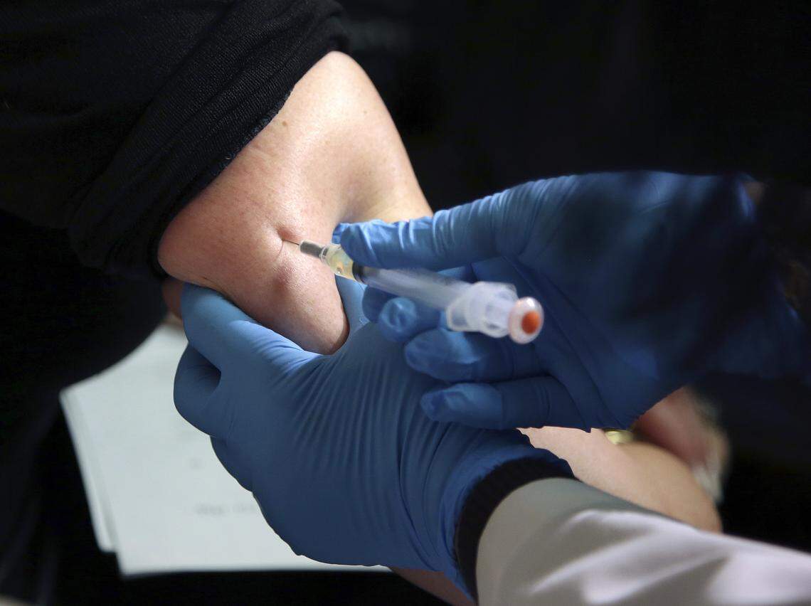 A woman receives a measles, mumps and rubella vaccine at the Rockland County Health Department in Pomona, N.Y., Wednesday, March 27, 2019. The county in New York City’s northern suburbs declared a state of emergency Tuesday over a measles outbreak that has infected more than 150 people since last fall, hoping a ban against unvaccinated children in public places wakes their parents to the seriousness of the problem.