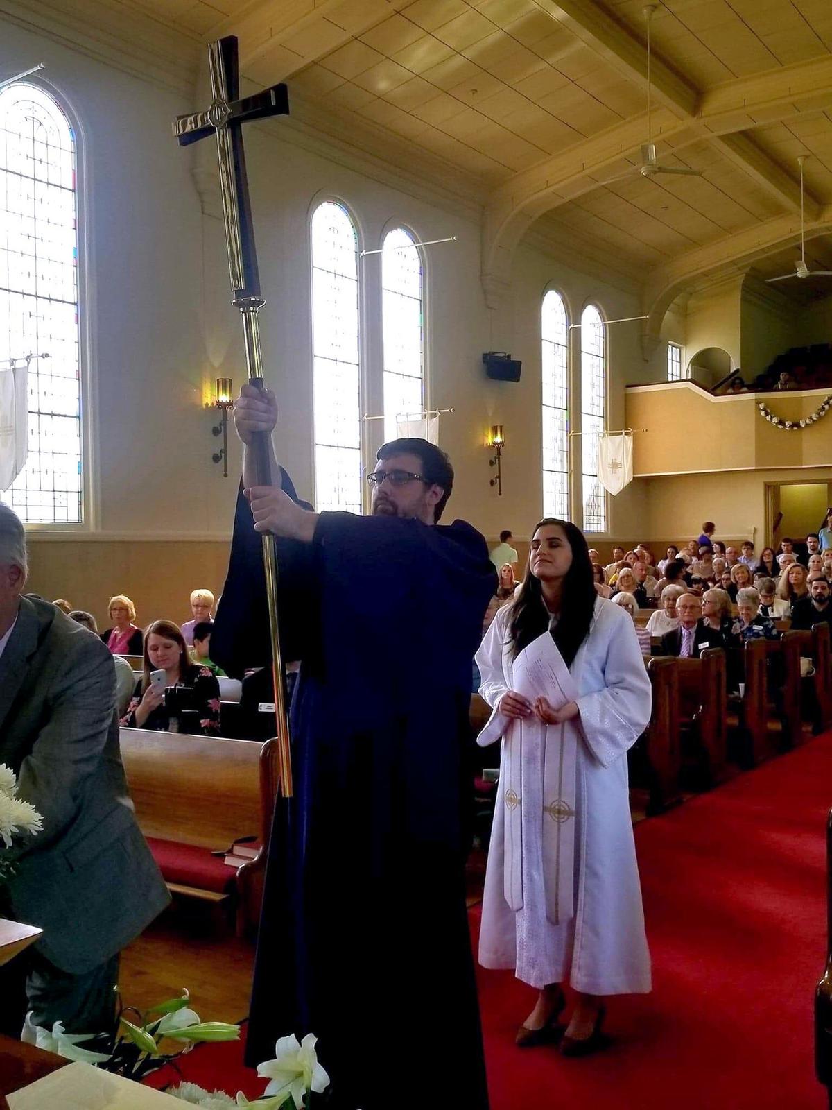 Pastor Ani Missirian-Wilson (right) is pictured during church services at First United Methodist Church in Modesto, Calif.