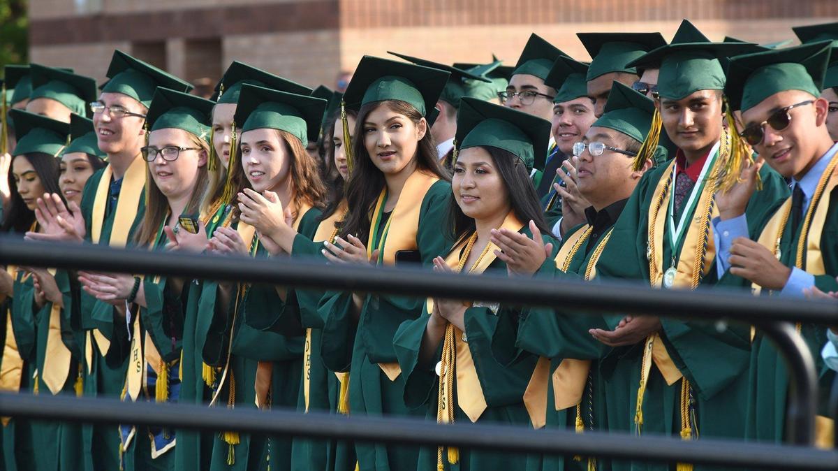 Davis high school graduates are pictured May 30, 2019, at their graduation ceremony at Johansen High School in Modesto, Calif.