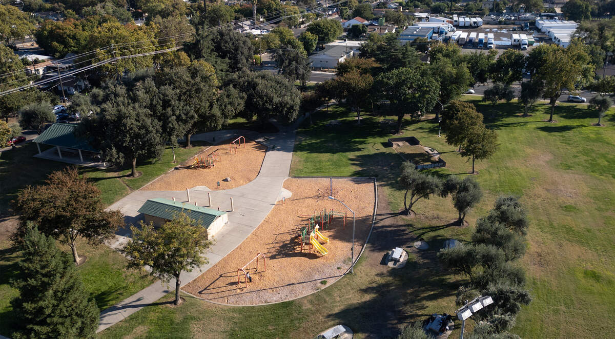A full-court basketball court and splash pad will be added near the playground as part of major renovations at Martin Luther King Jr. Park in Modesto, Thursday, Oct. 16, 2025. 