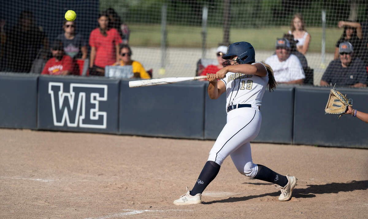 Central Catholic’s Jazzelyn Rios connects on a double driving in the winning run in the seventh inning of the Sac-Joaquin Section Division III semifinal game with Oakdale at Central Catholic High School in Modesto, Calif., Tuesday, May 23, 2023.