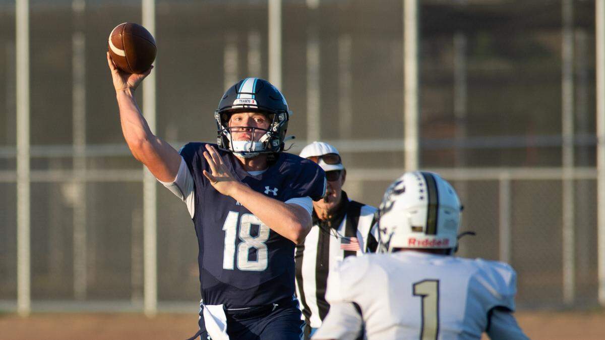 Downey quarterback Conner Stoddard throws a short pass during a non-league game with Buhach Colony in Modesto, Calif., on Thursday, Sept. 16, 2021.