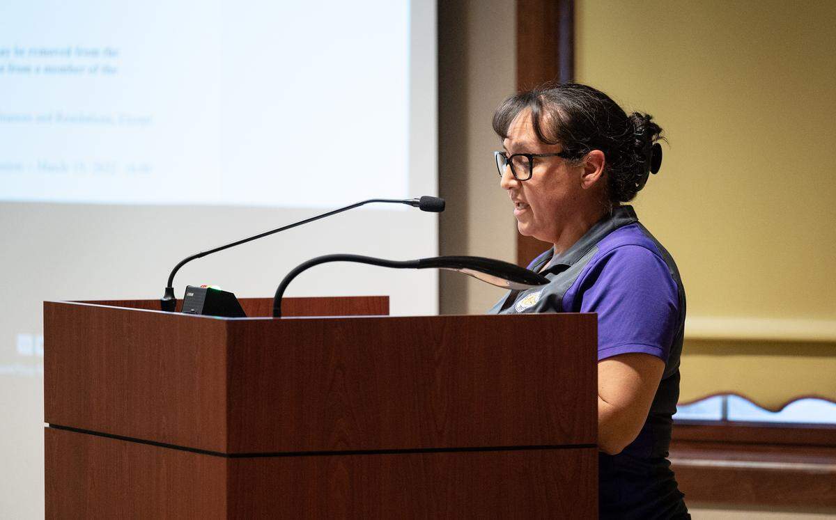 Grayson Elementary School principal Sandra Villaseñor speaks on behalf of PEAC during public comment at the Patterson city council meeting in Patterson, Calif., on Tuesday, April 5, 2022. Educators organized the “Save Our Schools Rally” before the meeting through the Patterson Education Advocacy Committee to highlight their concern that new residential developments will cause overcrowded schools and unfair tax burden on local residents.