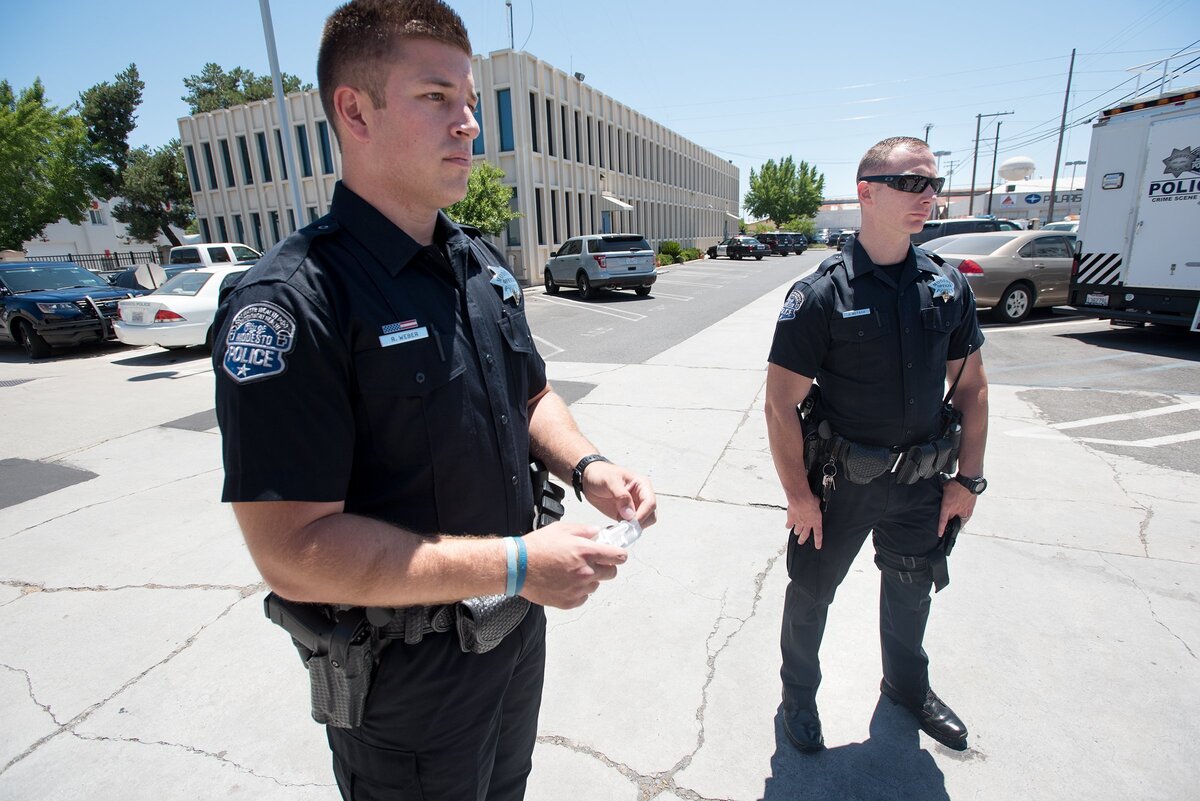 Modesto Police officers Robert Weber and Jason Botsch in Modesto, Calif., Thursday, June 28, 2018. Both officers have used Narcan to revive a person overdosing on opiates.