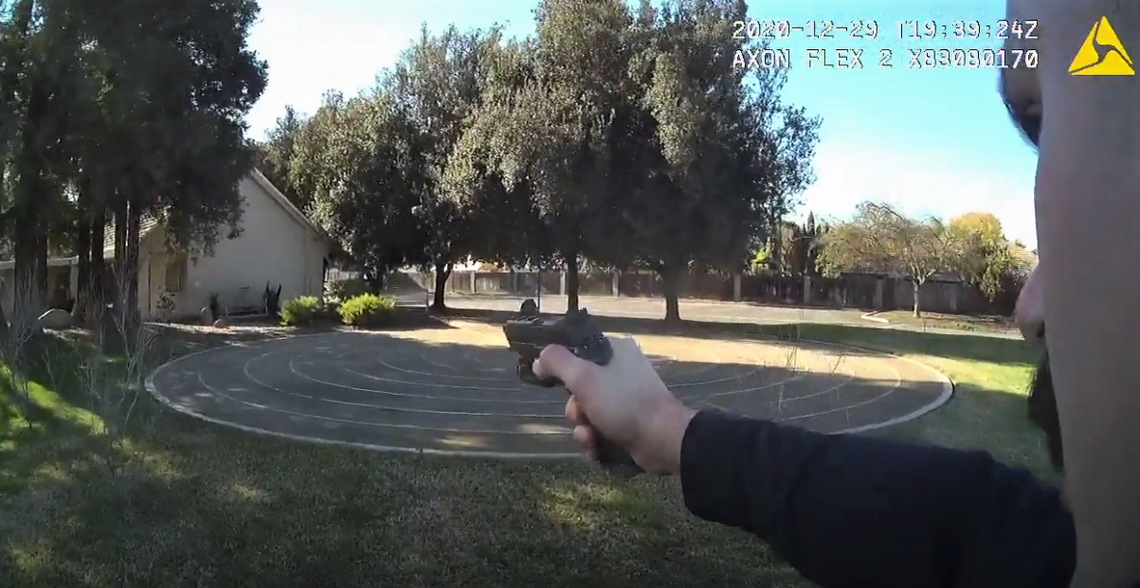 Screen shot bodycam video from Modesto Police Department officer Joseph Lamantia, who shot and killed an unarmed Trevor Seever in west Modesto, California, on Dec. 29, 2020.