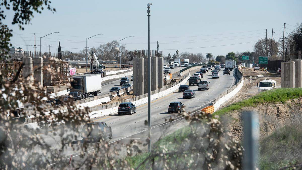 Highway 99 at Kansas Avenue in Modesto in February 2021.
