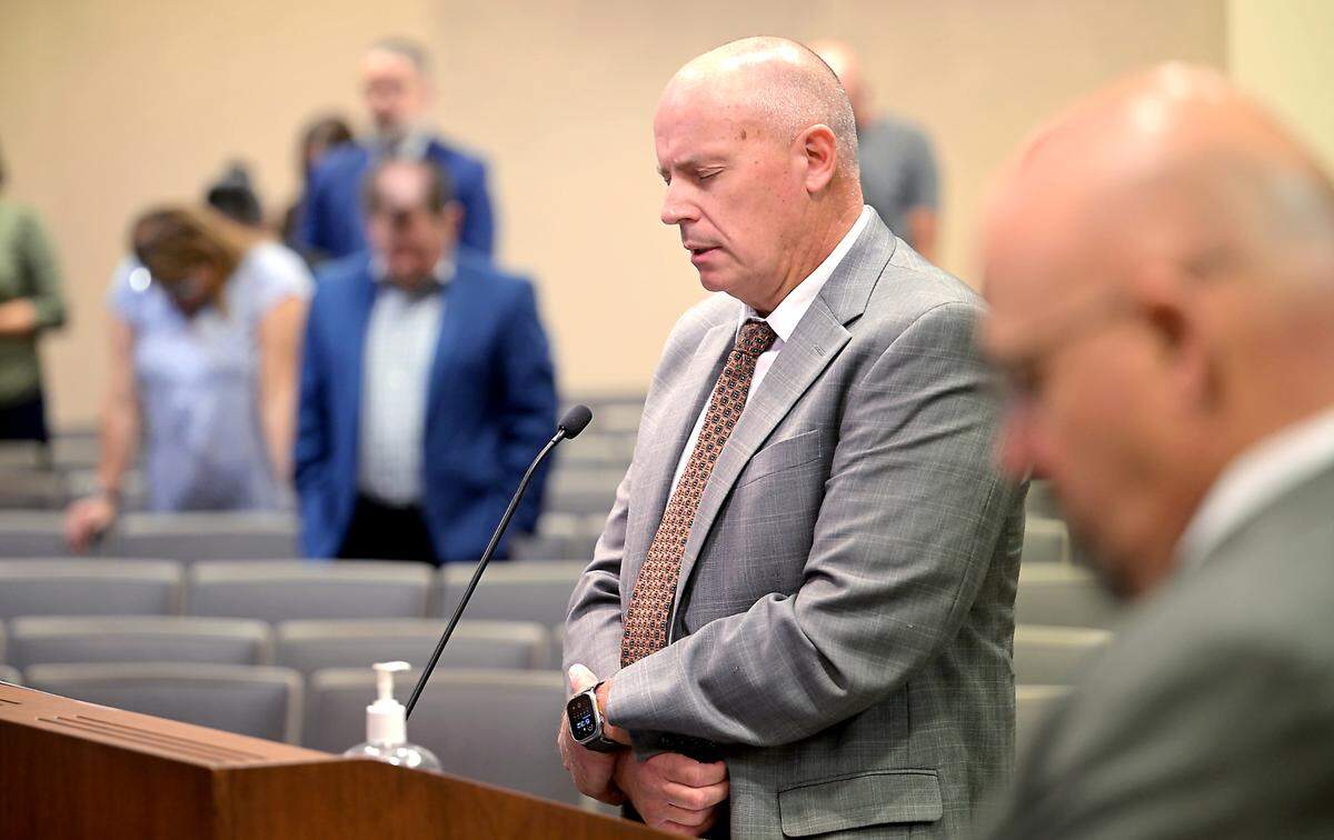 Steve Messer, from the Church of Jesus Christ of Latter-day Saints, gives the invocation during the Modesto City Council meeting on Tuesday, Oct. 8, 2024.