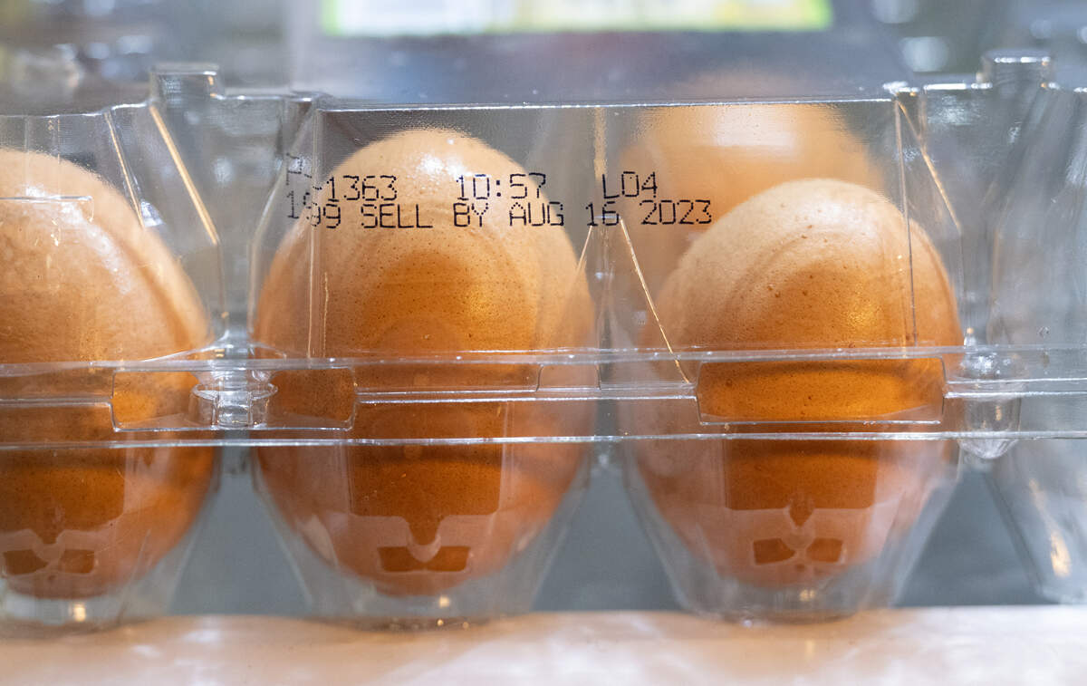 Sell-by food label on a carton of eggs. Wednesday, Aug. 2, 2023.