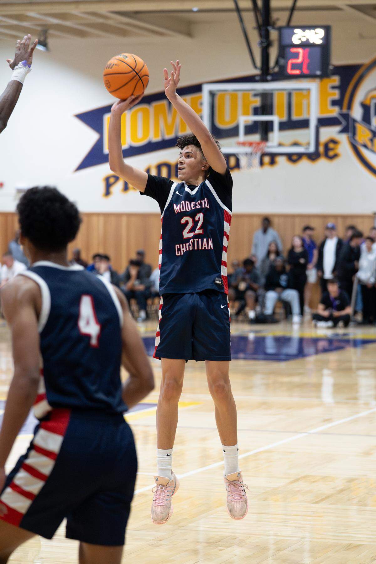 Modesto Christian guard Trevor Dickson attempts a three-point shot during the CIF Northern California Open Division Regional Semifinals at Archbishop Riordan High School in San Francisco, Saturday, March 7, 2026.