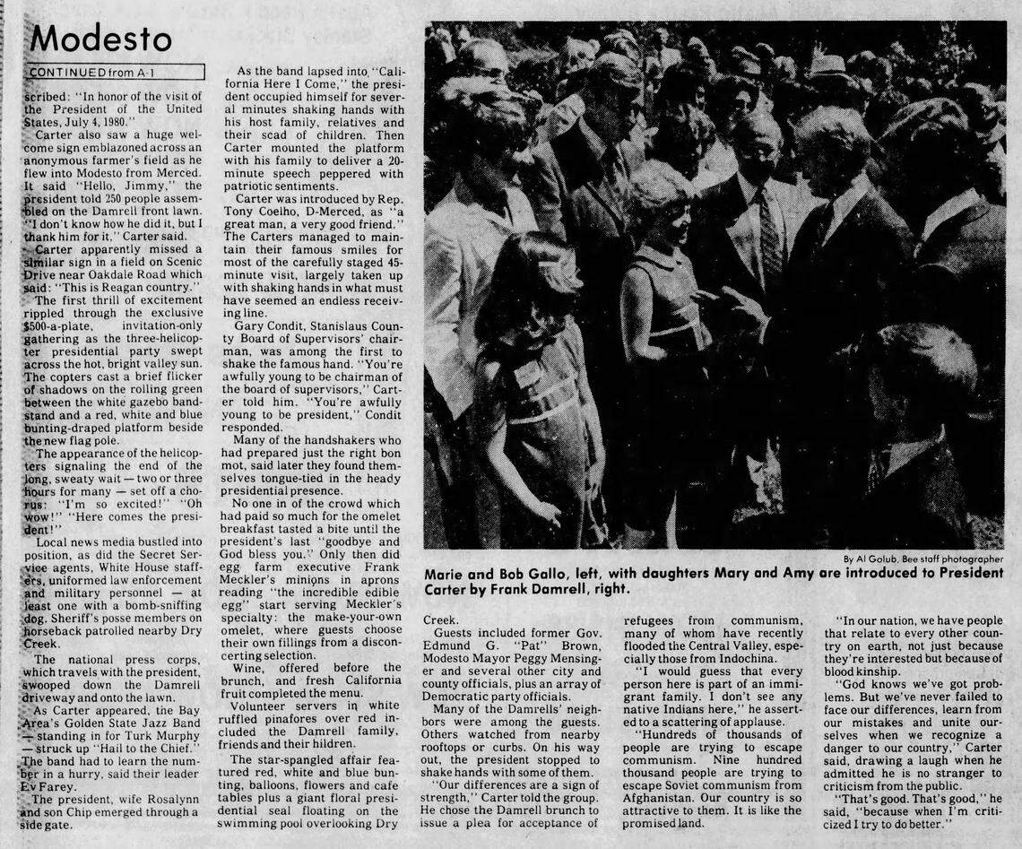 This article ran in The Modesto Bee on July 5, 1980, the day after President Carter visited.