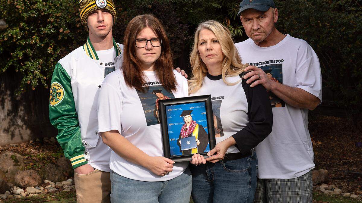 The family of Trevor Seever from the left, brother and sister, Kyle and Allison Seever, mother and stepfather Darlene and Ray Ruiz in Modesto, Calif., Wednesday, Dec. 6, 2021. Trevor was fatally shot by a Modesto police officer on Dec. 29, he was not armed, the department said in a video released Tuesday night.