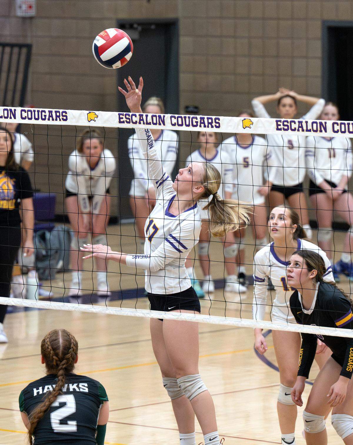 Escalon’s Emma Strong returns the ball during the Sac-Joaquin Section Division IV playoff match with Liberty Ranch in Escalon, Tuesday, Oct. 28, 2025. Escalon won the first round match 3-0.