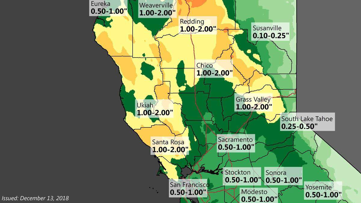 National Weather Service precipitation forecast for Sunday and Monday, Dec. 16-17, 2018