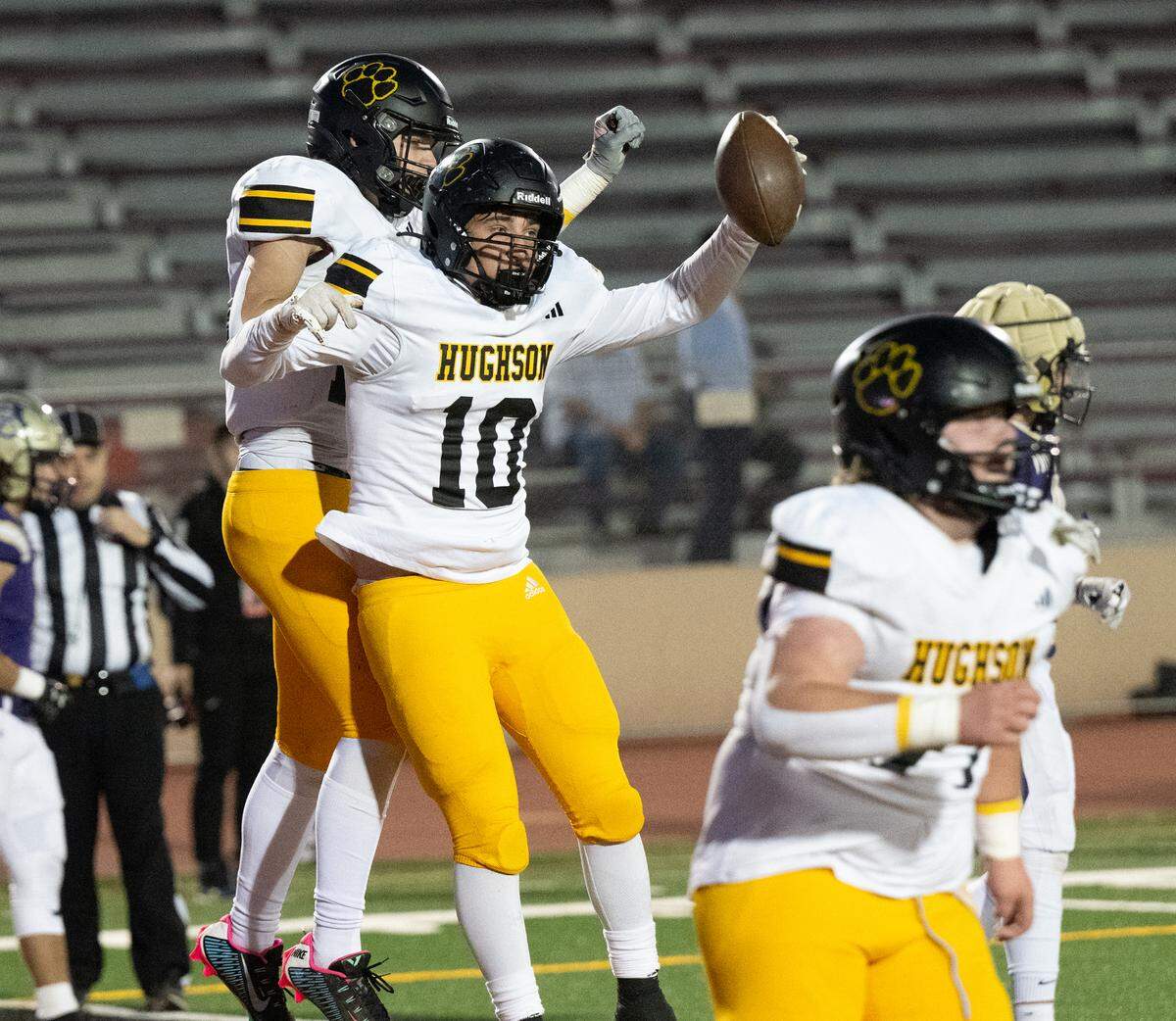 Hughson’s Max Mankins (10) celebrates a two-point conversion during the Sac-Joaquin Section Division VI championship game with Bradshaw Christian at Sacramento City College in Sacramento, Calif., Saturday, Nov. 25, 2023.