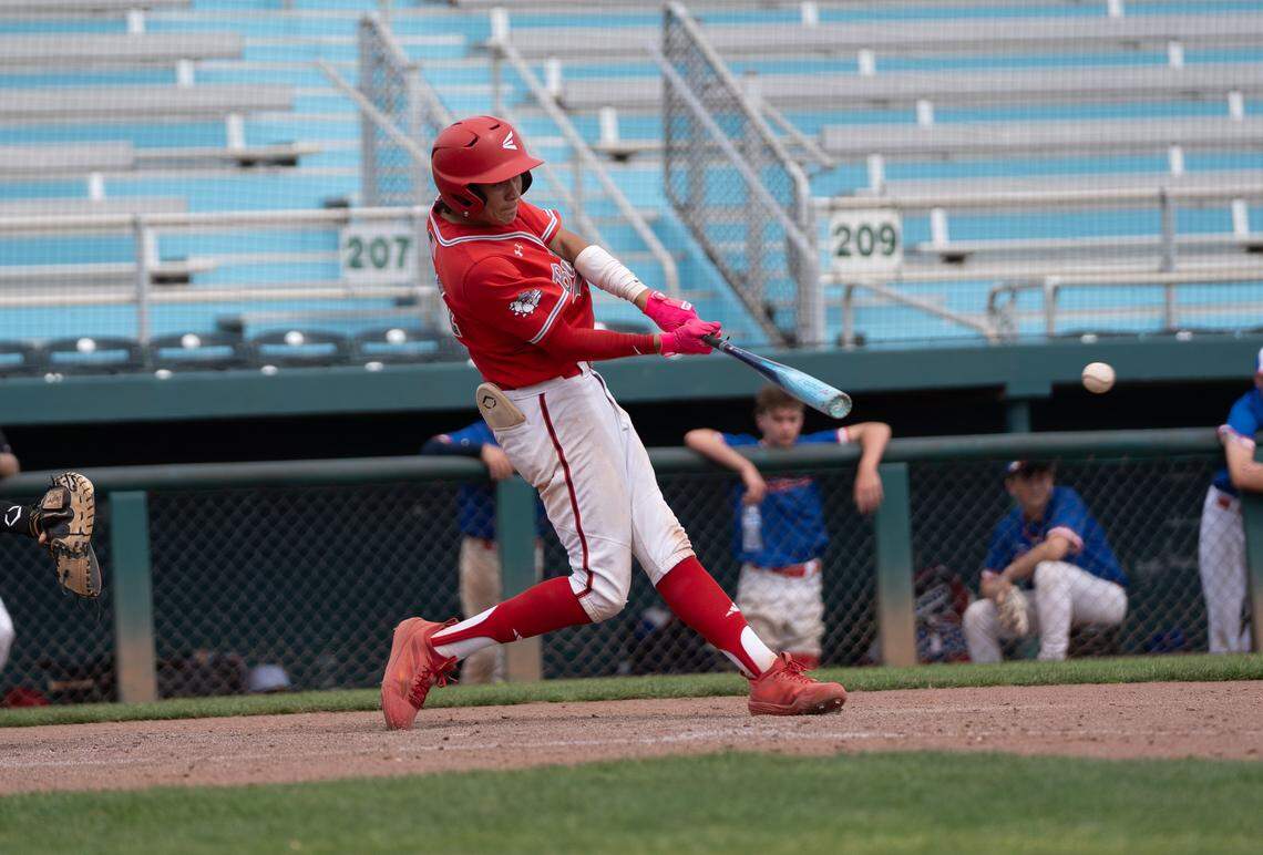 Ceres’ Ashton Urena hits a single during the third-place game at the Dick Windemuth Tournament against Beyer at John Thurman Field in Modesto on Thursday, April 9, 2026.