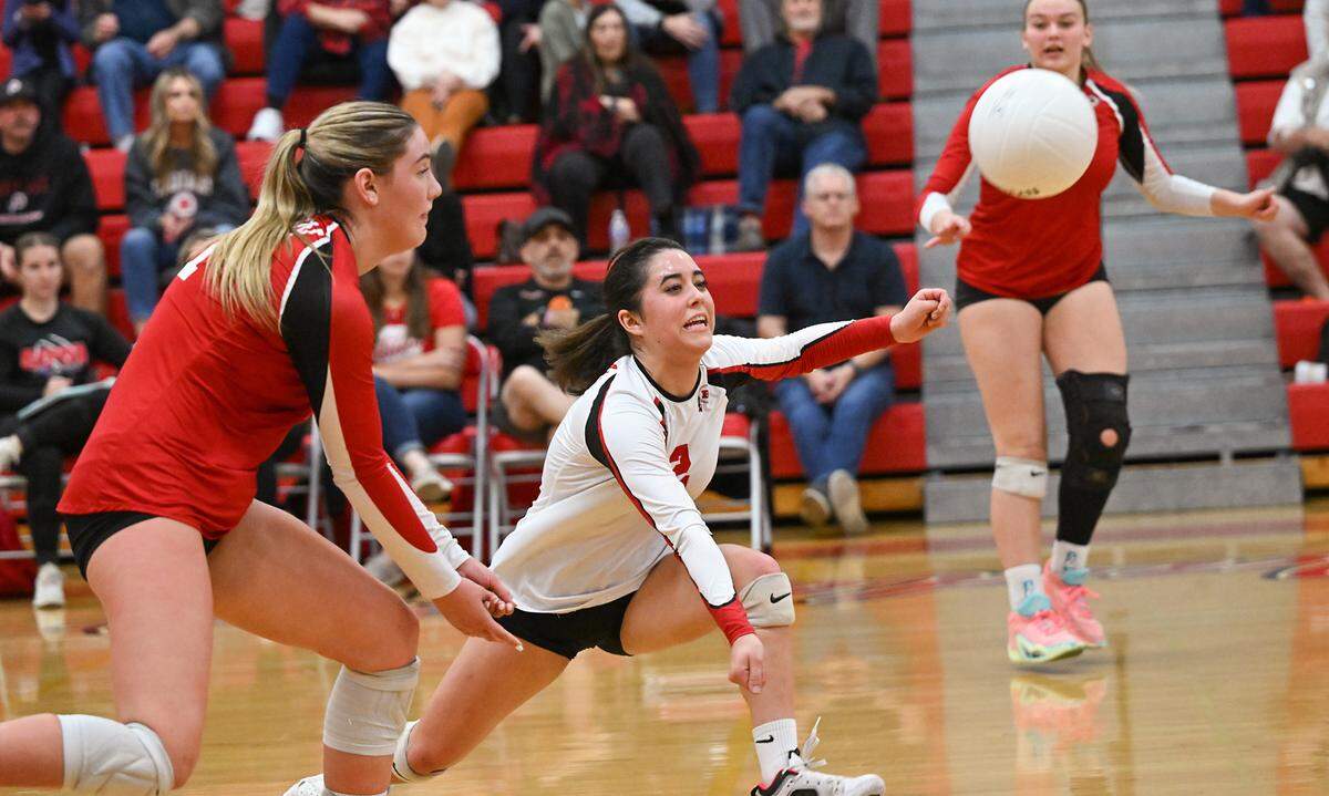 Ripon’s Amelia Lara reaches for the ball during the Division IV semifinal playoff match with West Campus at Ripon High School in Ripon, Calif., Tuesday, Oct. 31, 2023.