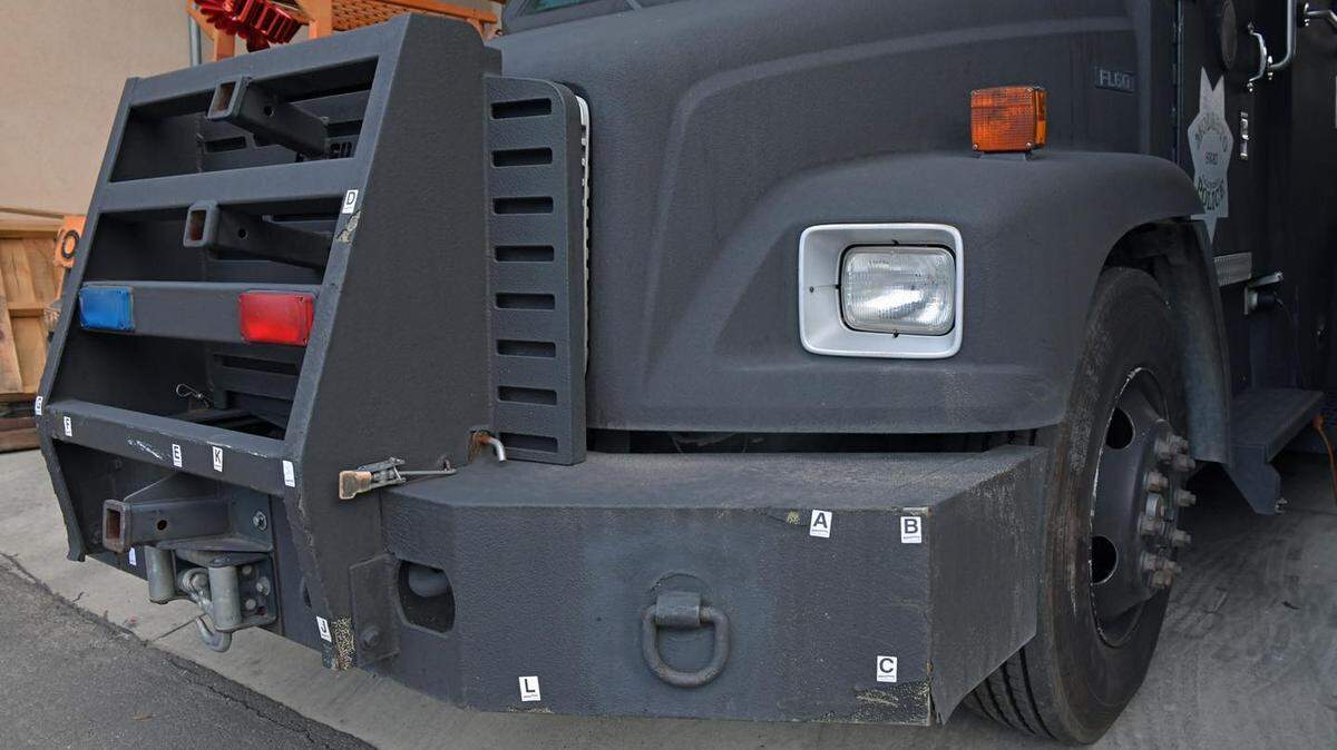 Lettered stickers mark the sites on the Modesto Police Department armored vehicle that were hit by gunfire during a standoff Tuesday, Dec. 15, 2020.