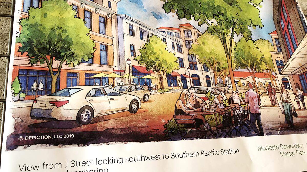 An artist rendering shows how the area around Ninth and J streets could be transformed into dense housing and businesses near the upcoming station for Altamont Corridor Express trains. It was among the ideas presented at a Friday, Oct. 4, 2019, meeting on the downtown master plan being drafted for Modesto, Calif.