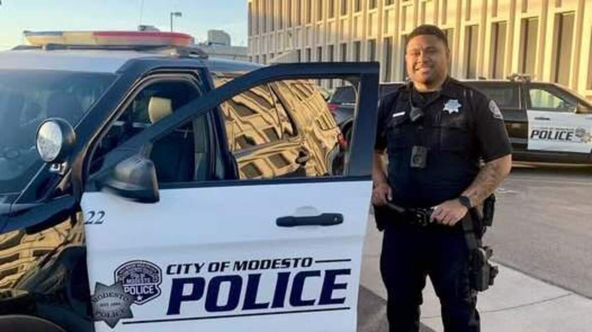 Modesto Police Department Officer Solomon Foketi is shown in a September 2023 photo from a Facebook post announcing he’s just completed his field training.
