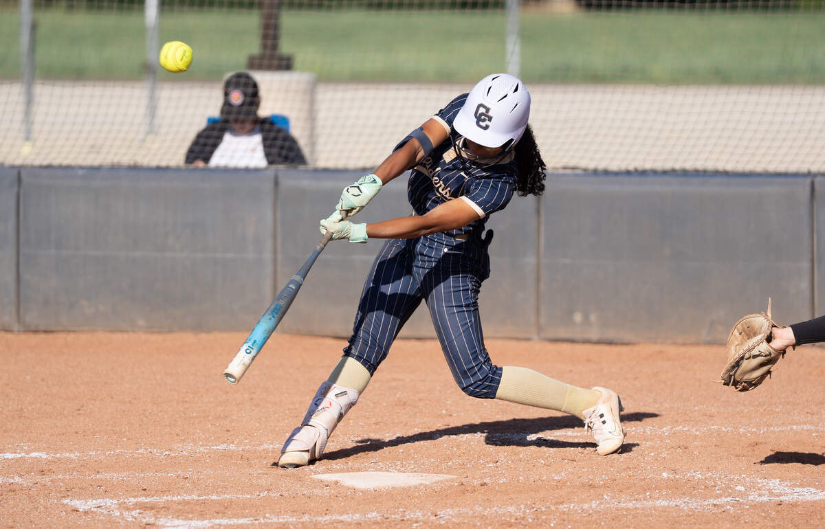 Central Catholic’s Samantha Nichols drives in a run with a sacrifice fly during a Valley Oak League softball game against Oakdale at Central Catholic High School in Modesto on April 14, 2026.