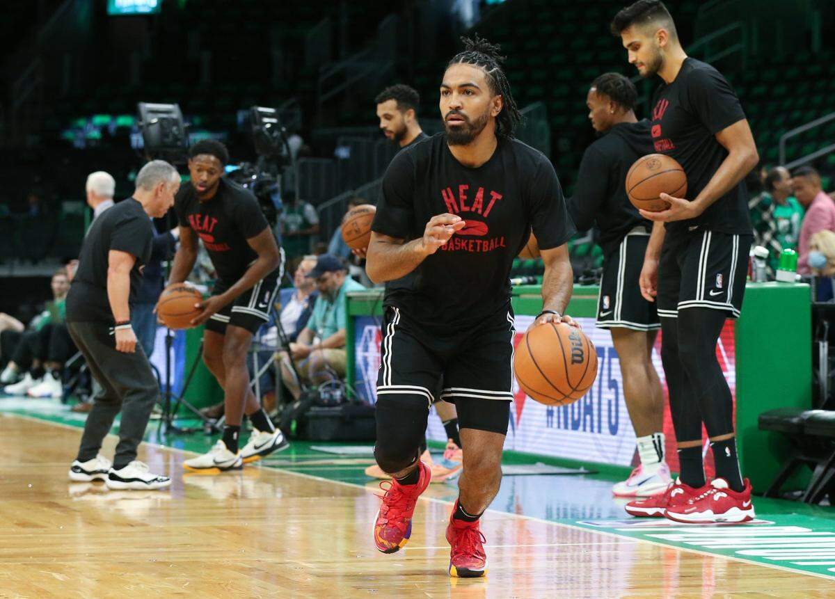 Miami Heat guard Gabe Vincent (2) warms up before facing the Boston Celtics for Game 4 of the Eastern Conference Finals at TD Garden in Boston on Monday, May 23, 2022.