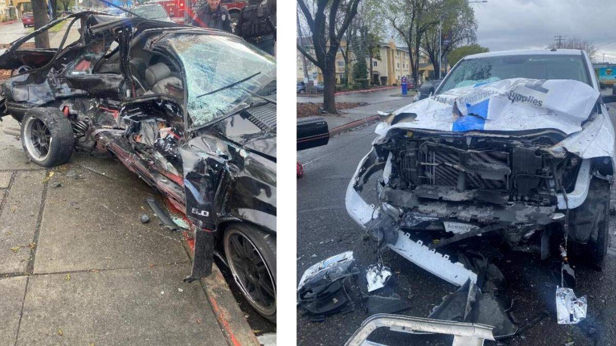 This Ford Mustang and Dodge Ram collided on West Orangeburg Avenue in Modesto on Thursday morning, Feb. 13, 2025. The Mustang driver died from his injuries.