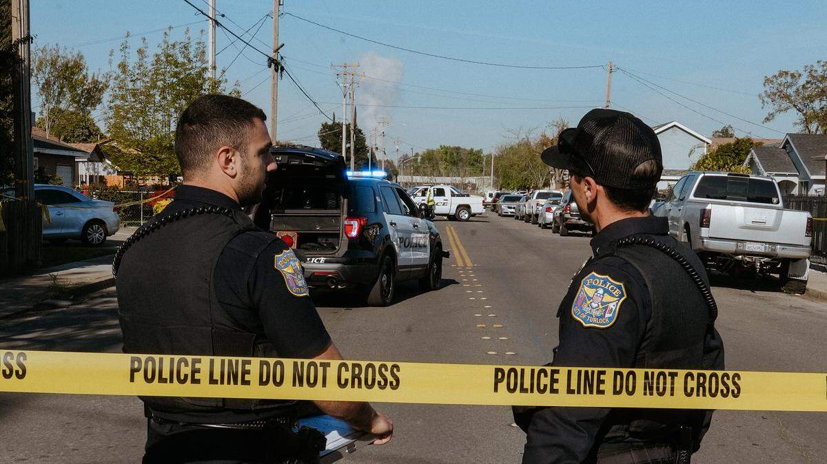Turlock police on the 900 block of Vermont Avenue, where a man was shot by an officer Wednesday morning, April 10, 2024