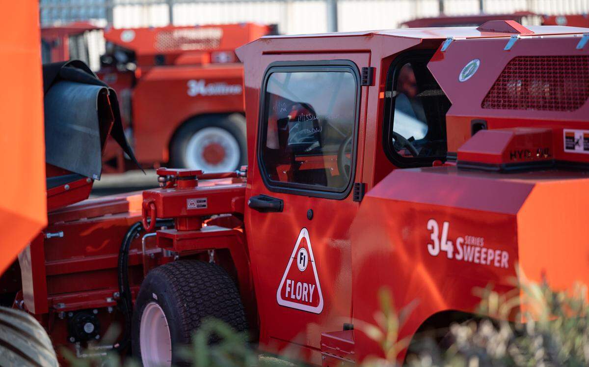 A nut sweeper at Flory Industries, makes nut harvesting equipment in Salida, Calif., Thursday, Feb. 9, 2023.