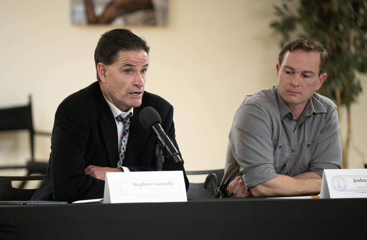 Stephen Connolly speaks during a NAACP panel on law enforcement at the King-Kennedy Center in Modesto on Tuesday, Feb. 18, 2025.