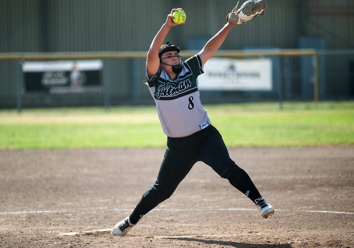 Pitman’s Gabby Pacheco delivers a pitch during the Central California Athletic League game with Turlock at Turlock High School in Turlock, Calif., on Thursday, April 7, 2022. Turlock won the game 8-2.